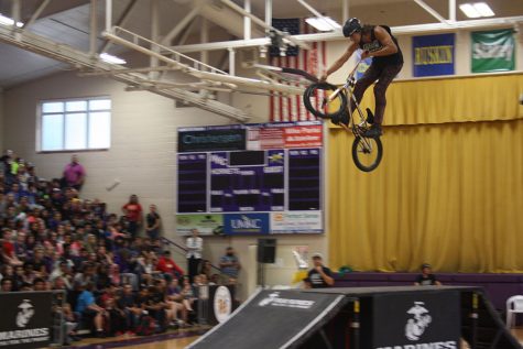 Throughout the assembly, many of the bikers did flips and tricks on the ramps. 